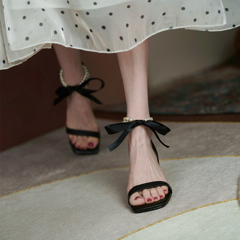 Fashion French Pearl Strap Leather Thick Heel Sandals Women