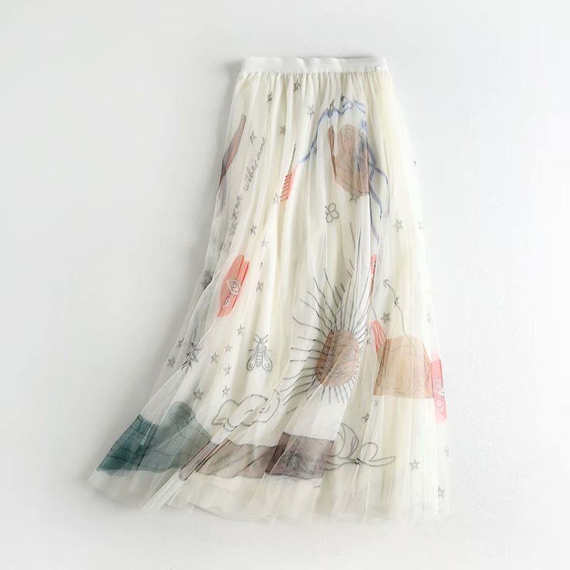High Waist Slimming Printed Mesh Mid-length Skirt