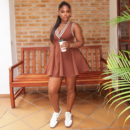 Patchwork Pleated Waist A Line Sleeveless Short Dress