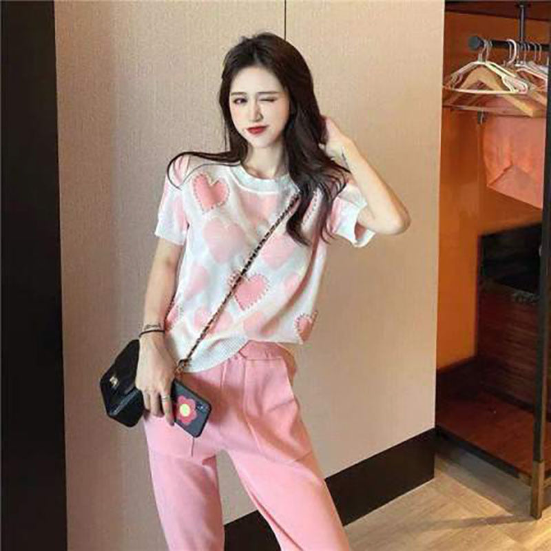 Women's Summer Loose Heart Jacquard Beaded Knitted T-shirt Short Sleeve
