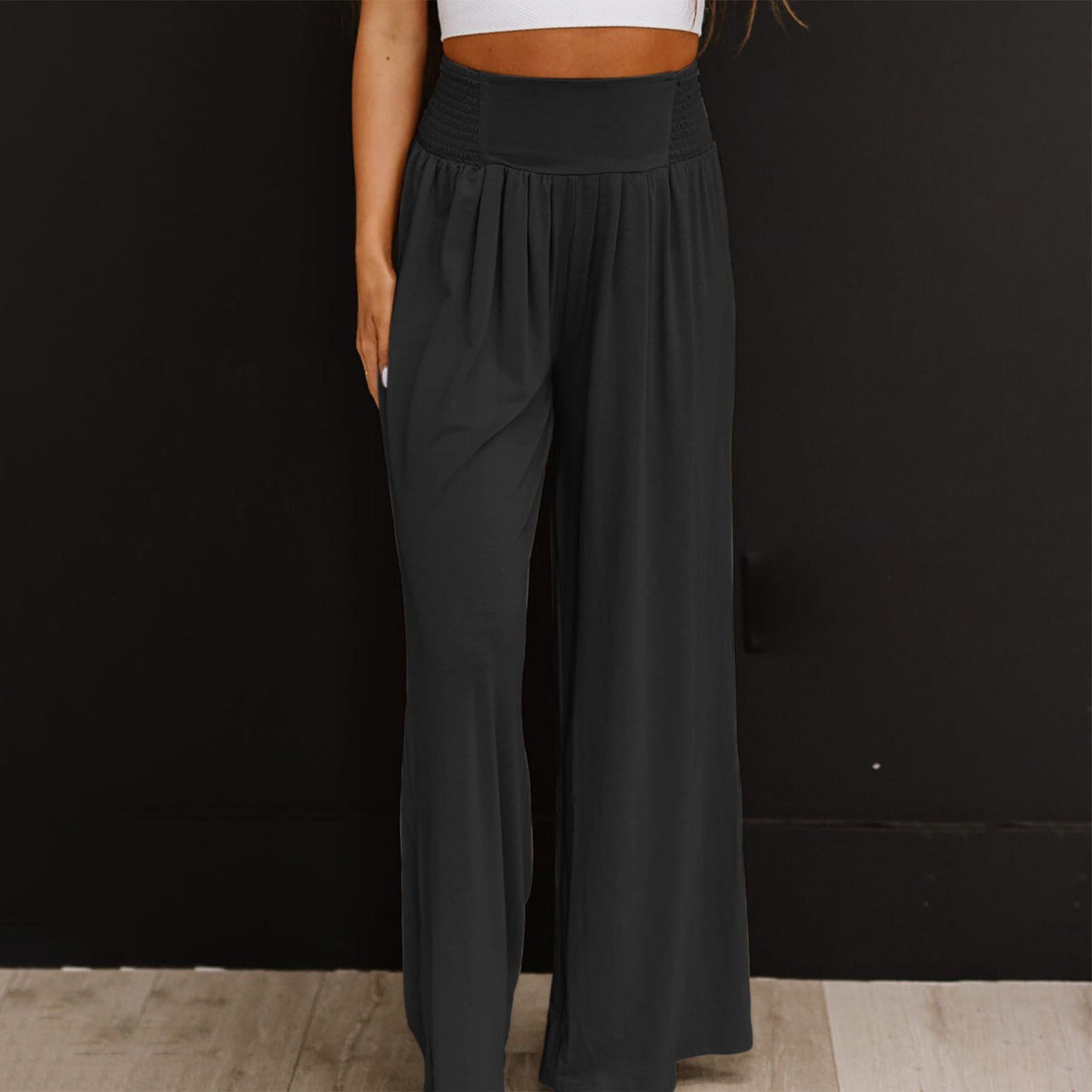 Women's Casual Cotton And Linen Smocking Distressed Mid-waist Trousers
