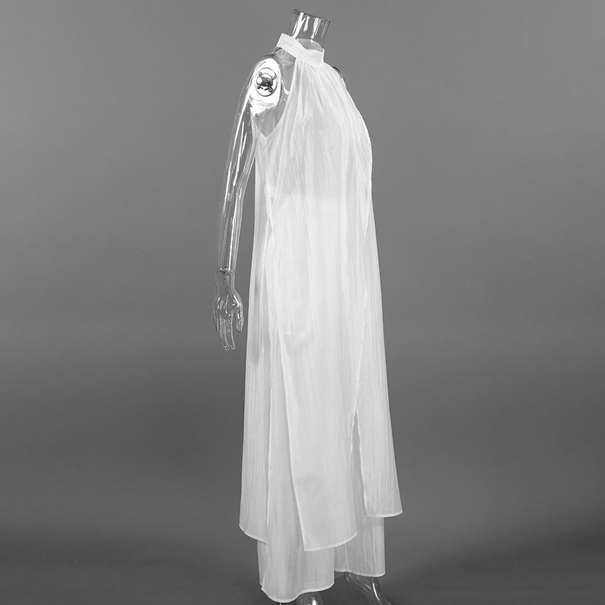 White Tencel Sleeveless Halter Neck Long Vest And Trousers Two-piece Set