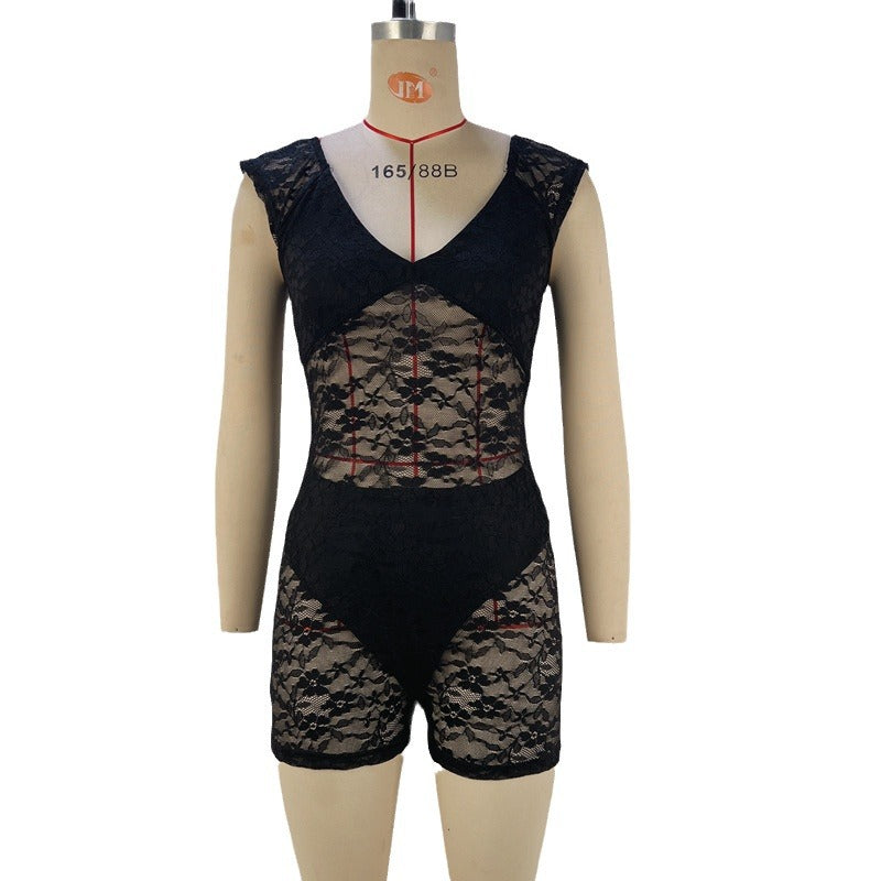 Womens Fashionable Sexy Tight Sheer Embroidered Cropped Jumpsuit