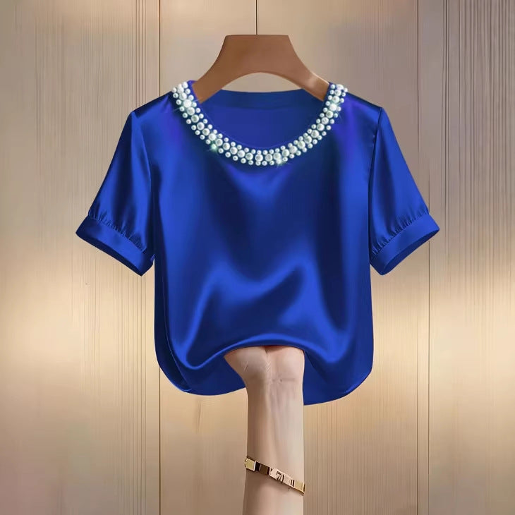 Sleek Stylish And Elegant Beaded Crew-neck Short-sleeve T-shirt