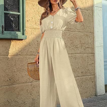 Neck-gathered Bodysuit With Casual Wide-leg Pants