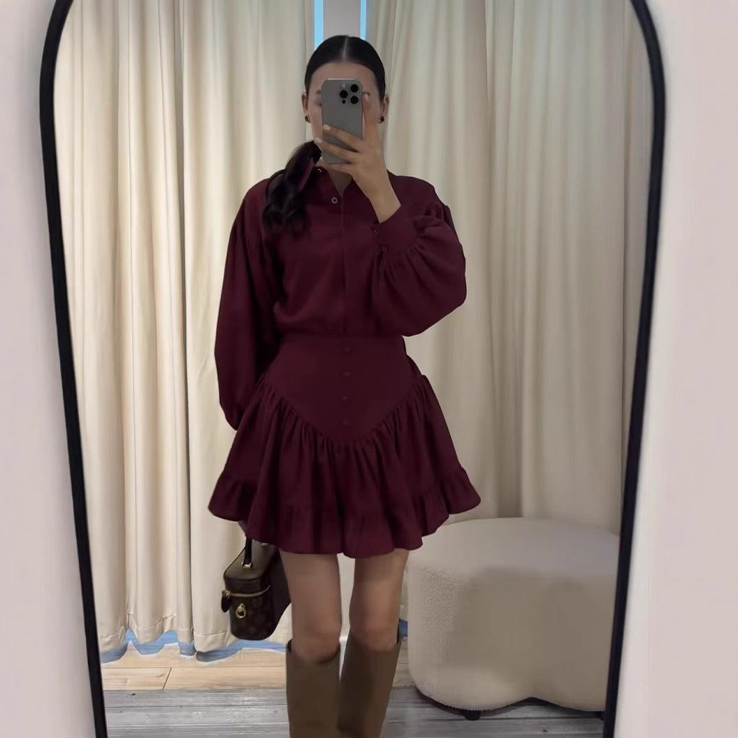 Lantern Sleeve Shirt Ruffled Skirt Suit Women