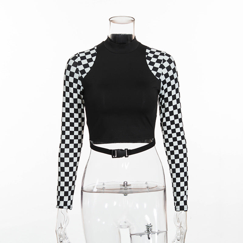 Patchwork ternet langærmet kort tætsiddende T-shirt