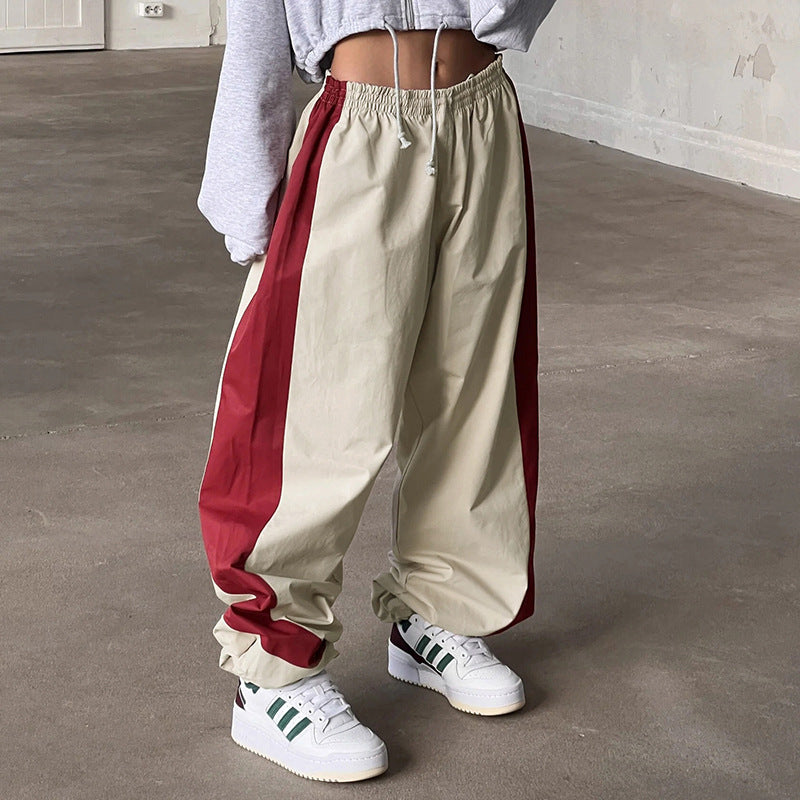 Cool Contrast Color Drawstring Ankle-tied American Casual Loose Woven Pants