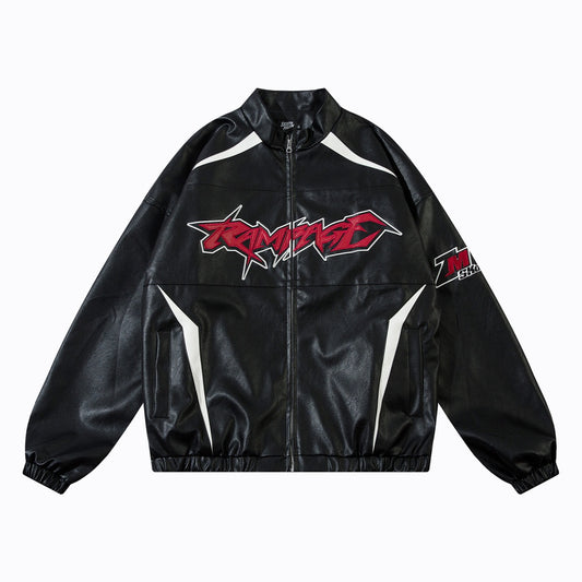 Locomotive Style PU Leather Contrast Color Jacket Couple Baggy Coat