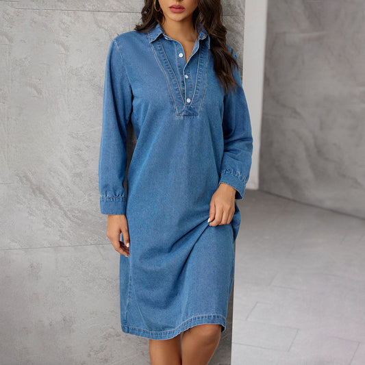 Loose-fit Denim Dress With Long Sleeves For Fallwinter