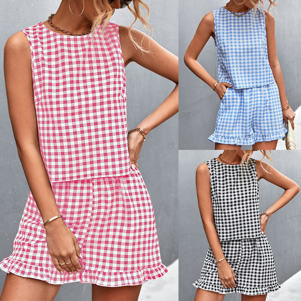 New Independent Station WISH Hot Sale Black And White Plaid Casual Sleeveless Shorts Suit For Women
