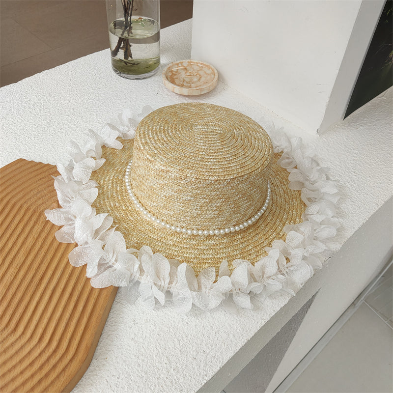 Women's Pearl Lace Flat Top Straw Hat