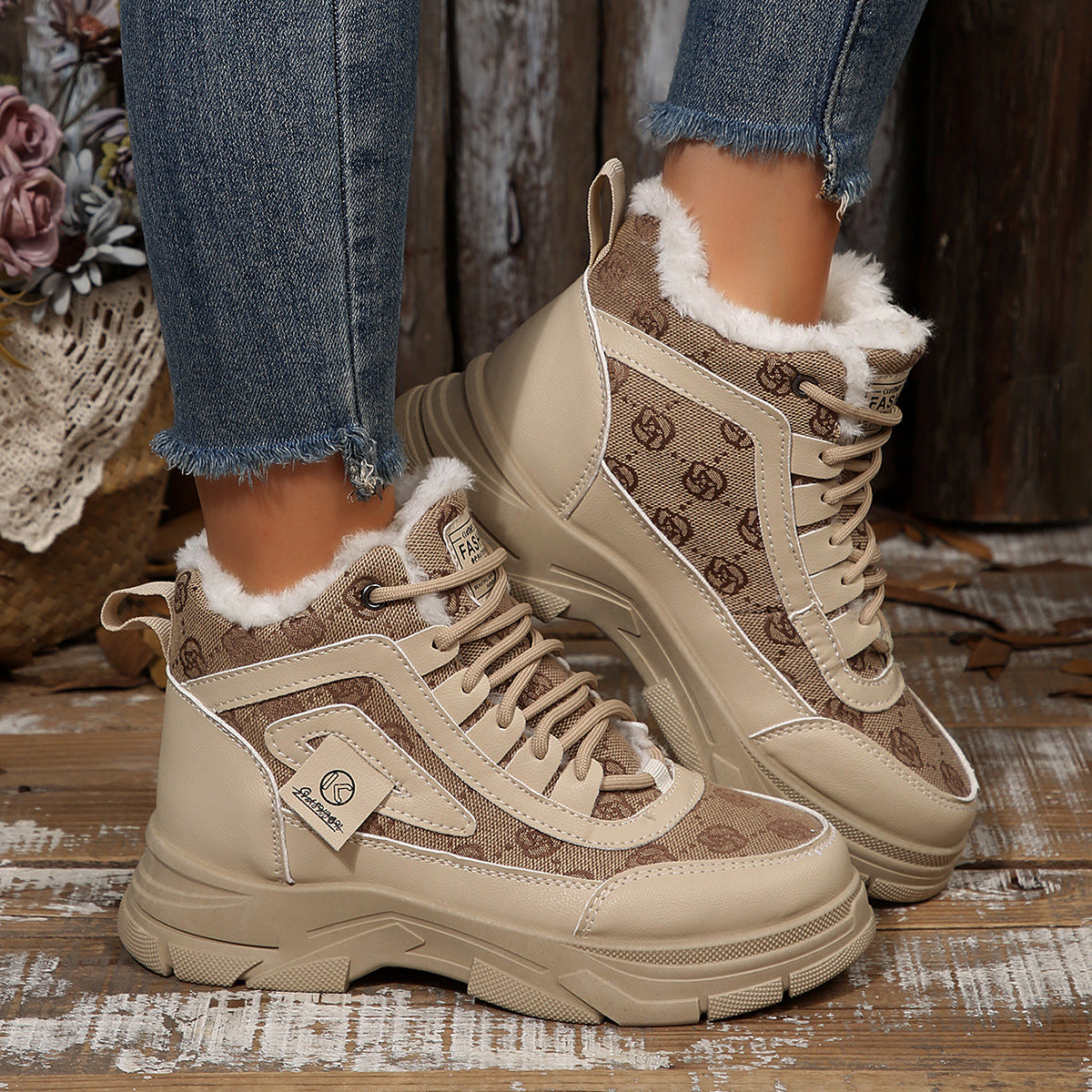 High-top Fleece-lined Dr Martens-style Winter Warm Cotton Shoes Thick-soled Versatile Snow Boots In Plus Sizes