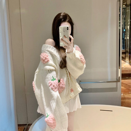 New Handmade Strawberry Lantern Sleeve Warm Sweater