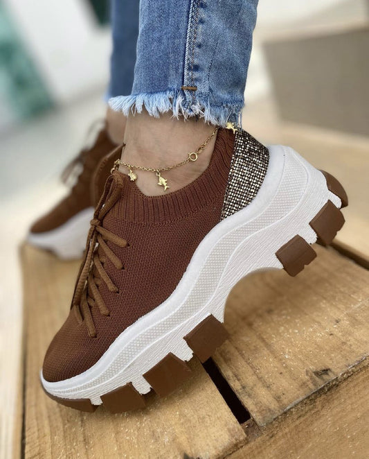 Platform Women's Sneakers With Flying Woven Lace-up Platform