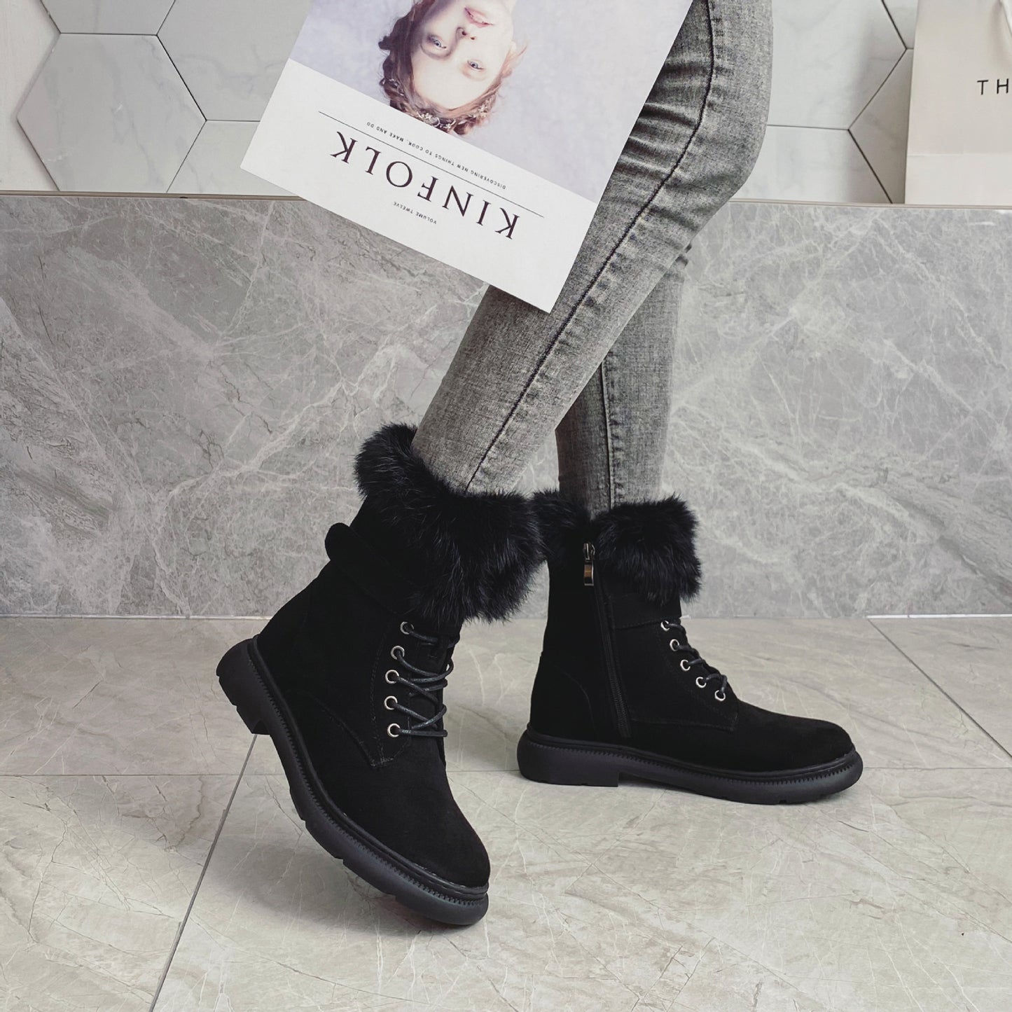020 Winter British Snow Boots Women Plus Velvet Thick Rabbit Fur