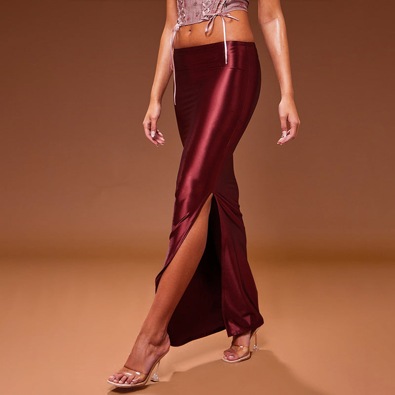 Summer European And American Draping Satin Multicolor Mid-length High Waist Sheath Skirt