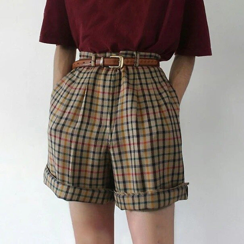Women's New Plaid High Waist Large Size Loose Thin Shorts