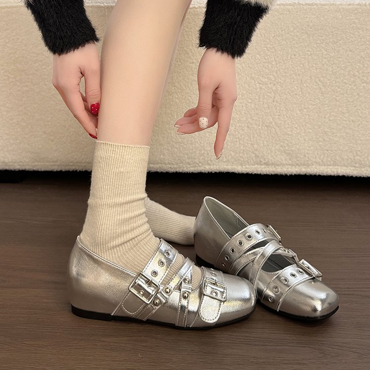 French Style Silver Mary Jane Single Shoe Women's 2026 Spring New Ballet Style German Training Shoes Square Toe Small Leather Shoes