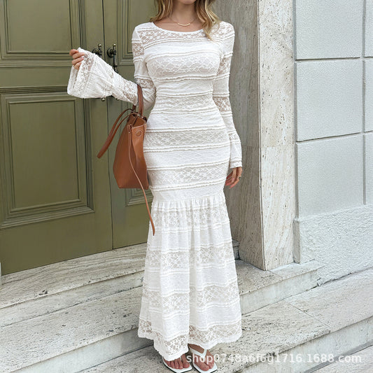Womens Solid-Color Elegant Flared-Sleeve Bodycon Dress