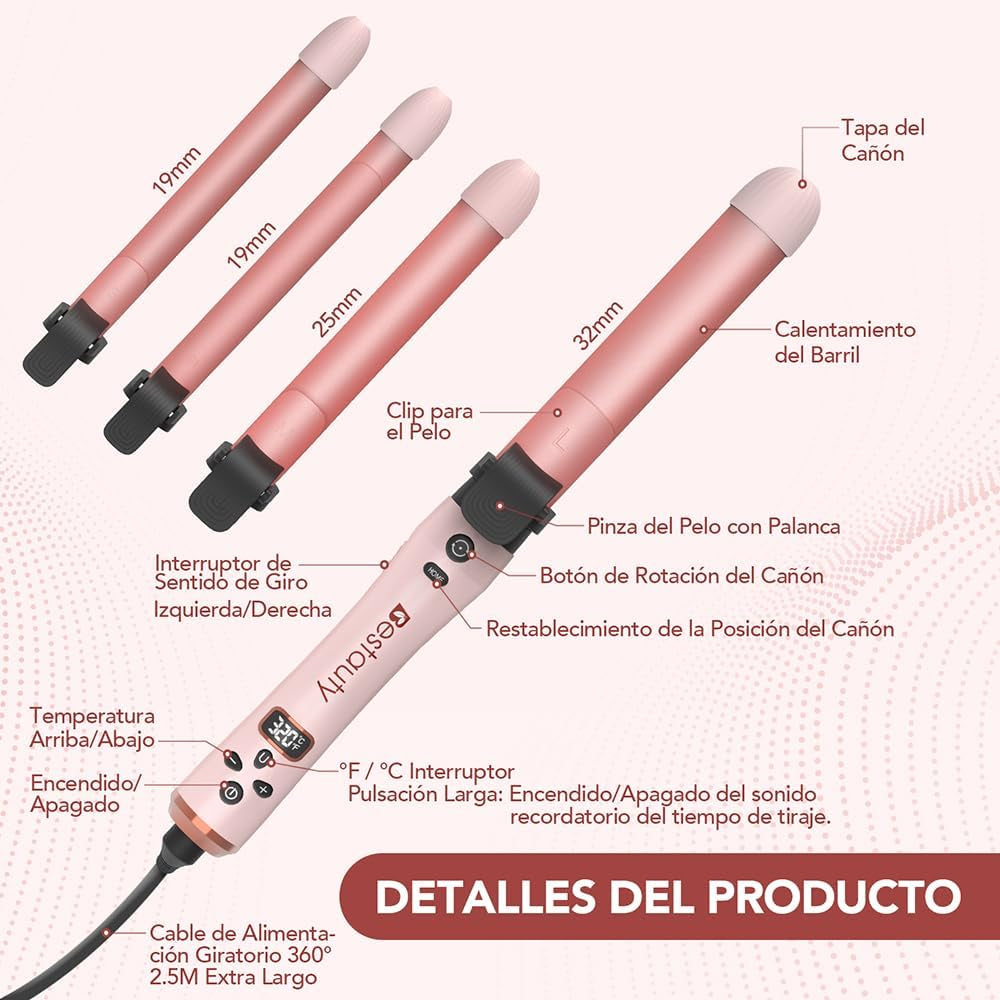 Bestauty Rizador De Pelo Automático Con 4 Barriles De Cerámica Intercambiables, Rizador Pelo De Calentamiento Rápido De 19-32 Mm Con Pantalla LED, 160-220°C Rosa