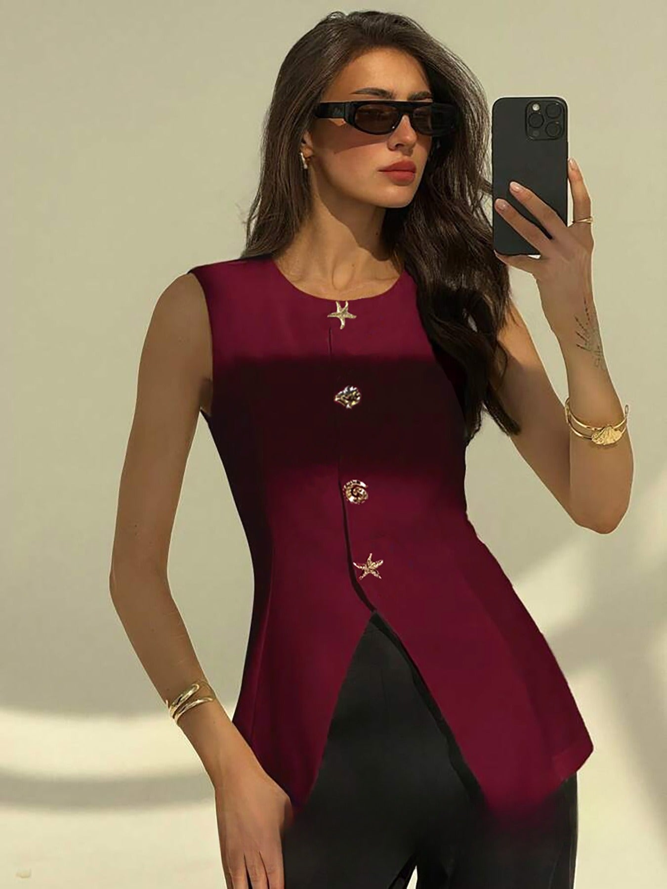 Fashionable Sleeveless Waist-cinching Versatile Button Women's Vest