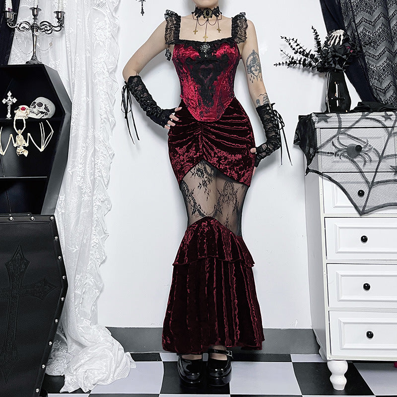 See-through Embossed Dress Dark Style Elegant Suede Lace Stitching Skirt