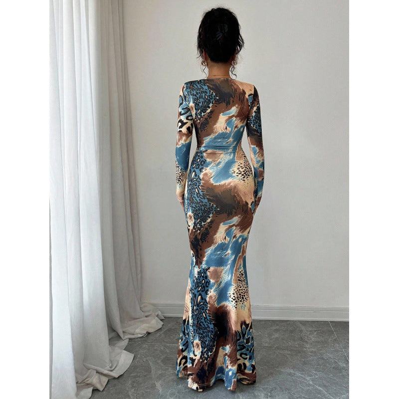 Long-sleeved Printed Dress With A Tie-front Design At The Chest
