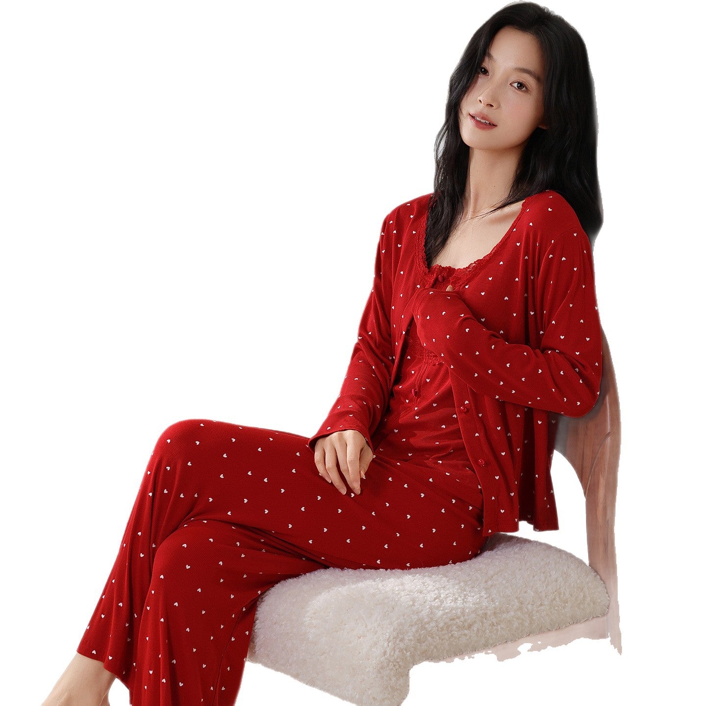 Threaded Colored Cotton Bra-padded Camisole Three-piece Set