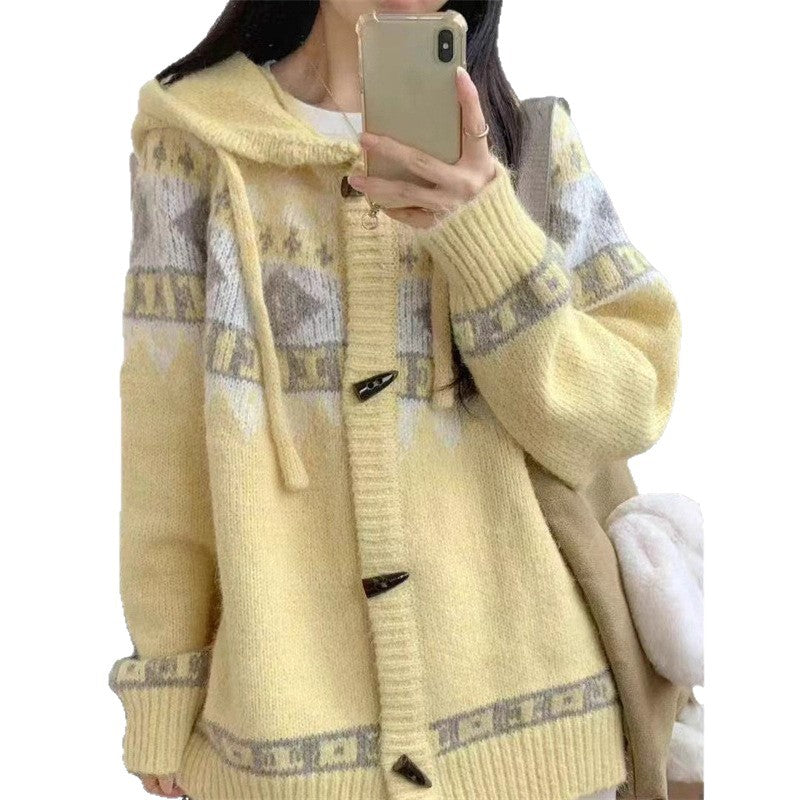 Loose And Lazy Style Horn Button Knitted Cardigan