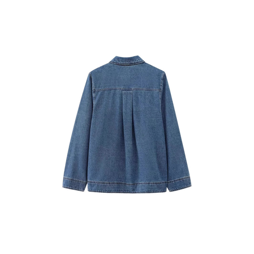 Womens Designer Zip-Up Denim Shirt Top