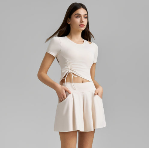 Womens One-Shoulder Hollow-Out Sexy Short-Sleeve Top And Culotte Set