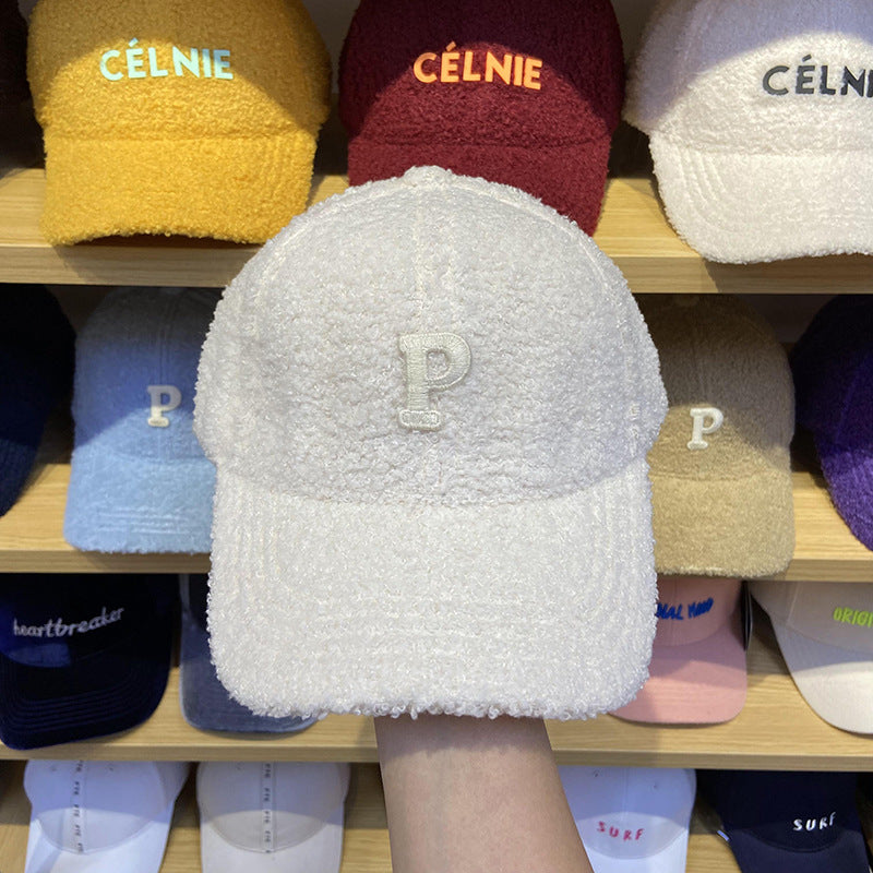 Lamb Hair Letter P Baseball Hat Female