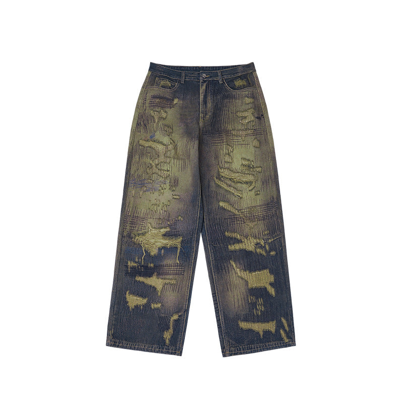 Autumn And Winter New American Street Fashion Printed Denim Wide Leg Pants For Men