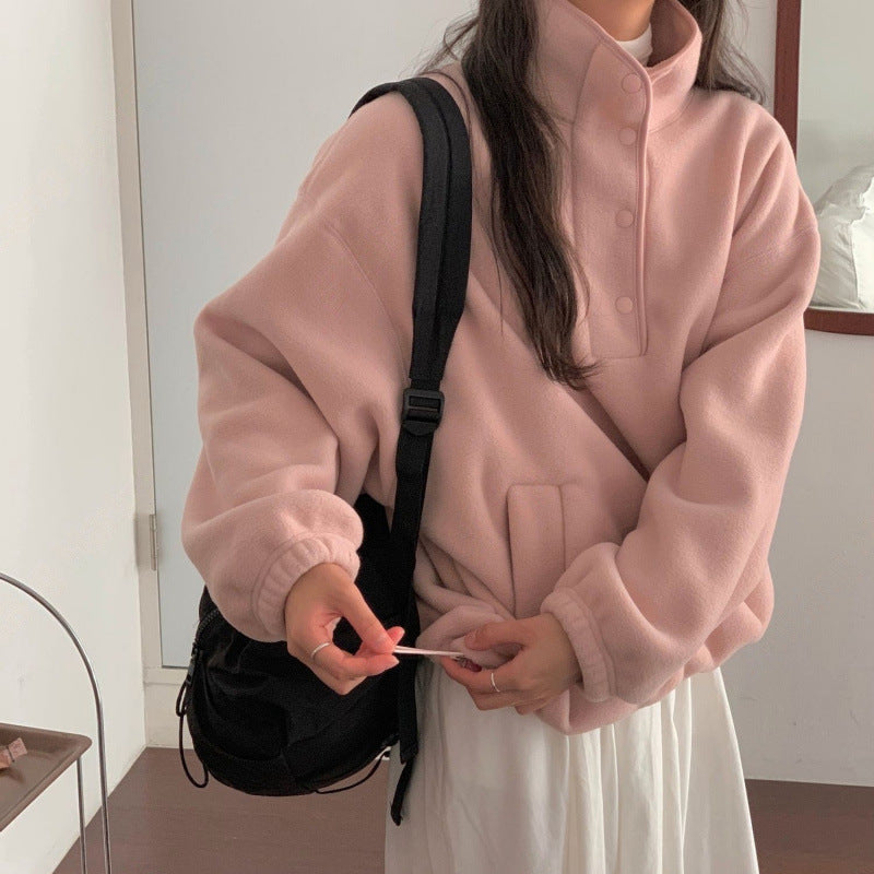 Stand Collar Fleece Loose Sweater Top