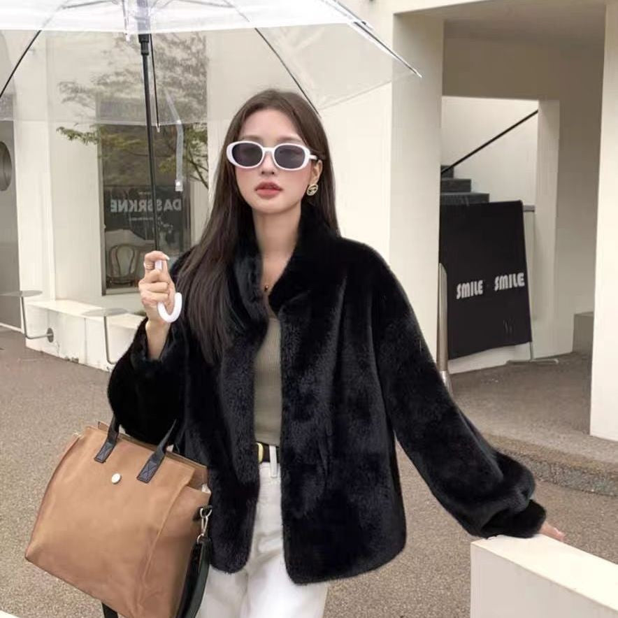 Womens Stylish Loose-fitting Fur-trimmed Collar Coat
