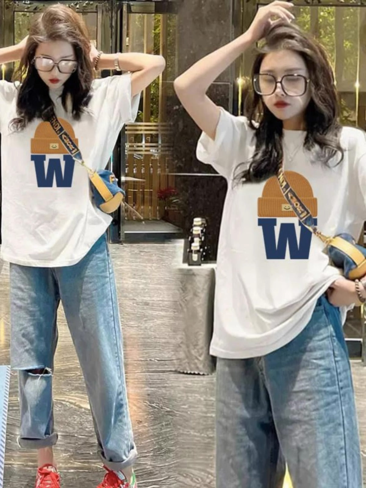 All-matching Letter Print Short-sleeve T-shirt Women's Round Neck Top
