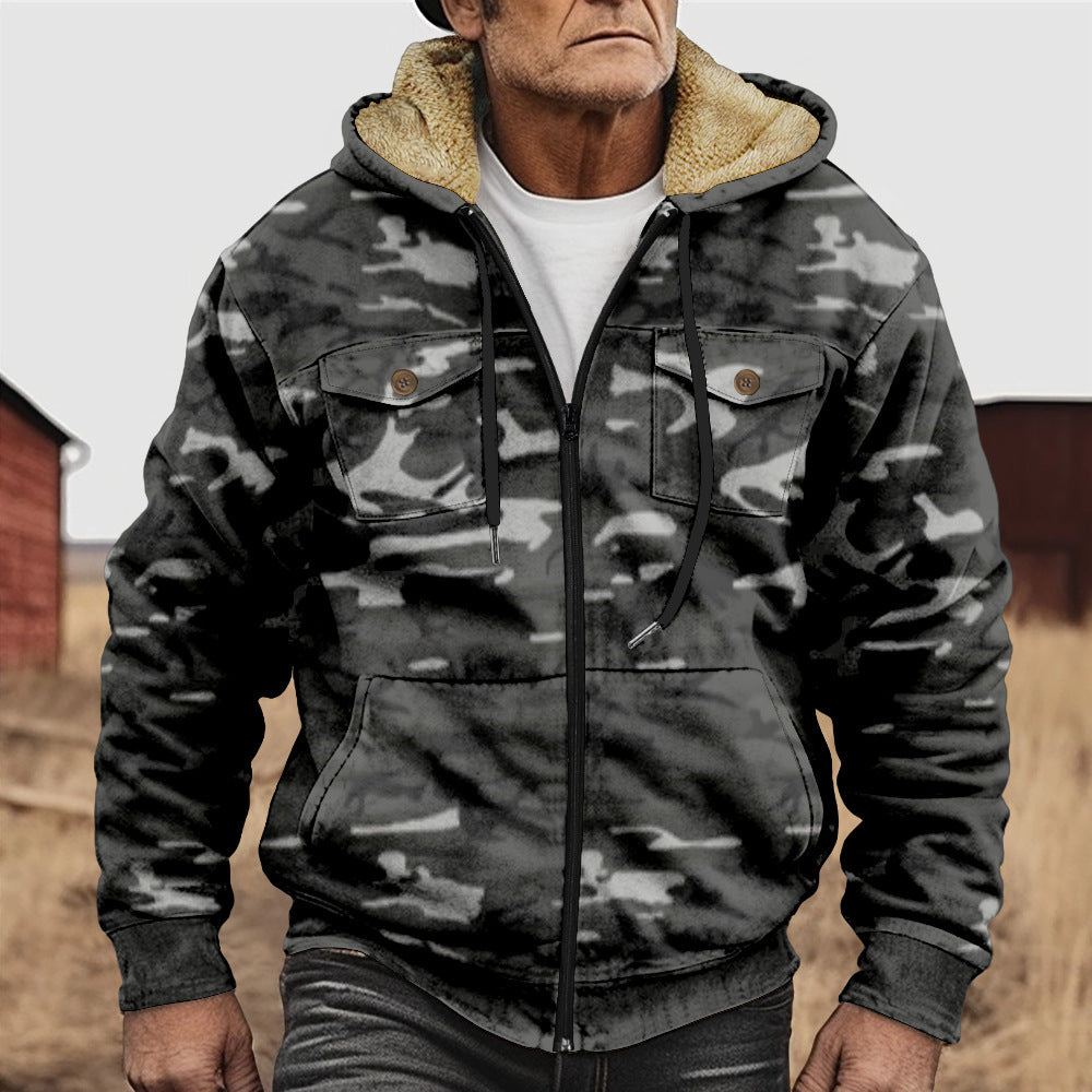 British-style Abstract Fashion Fleece-lined Cotton Coat With Hood And Zipper