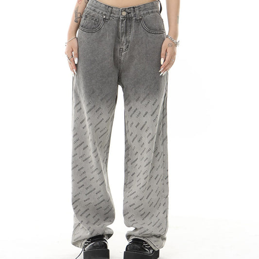 Retro Alphabet Full Printed Washed Gradient Straight Jeans
