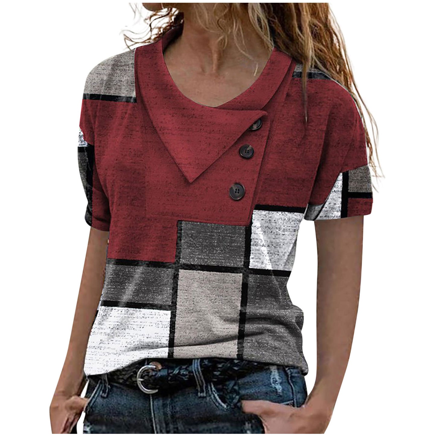 Shirt Cross Neck Button Fashion Print Short Sleeve T Shirt