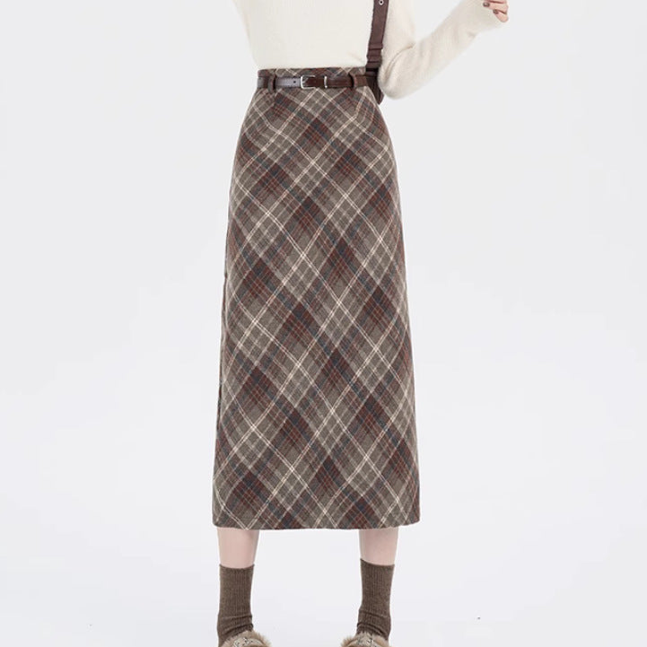 High Waist Mid-length Woolen Plaid Skirt For Women