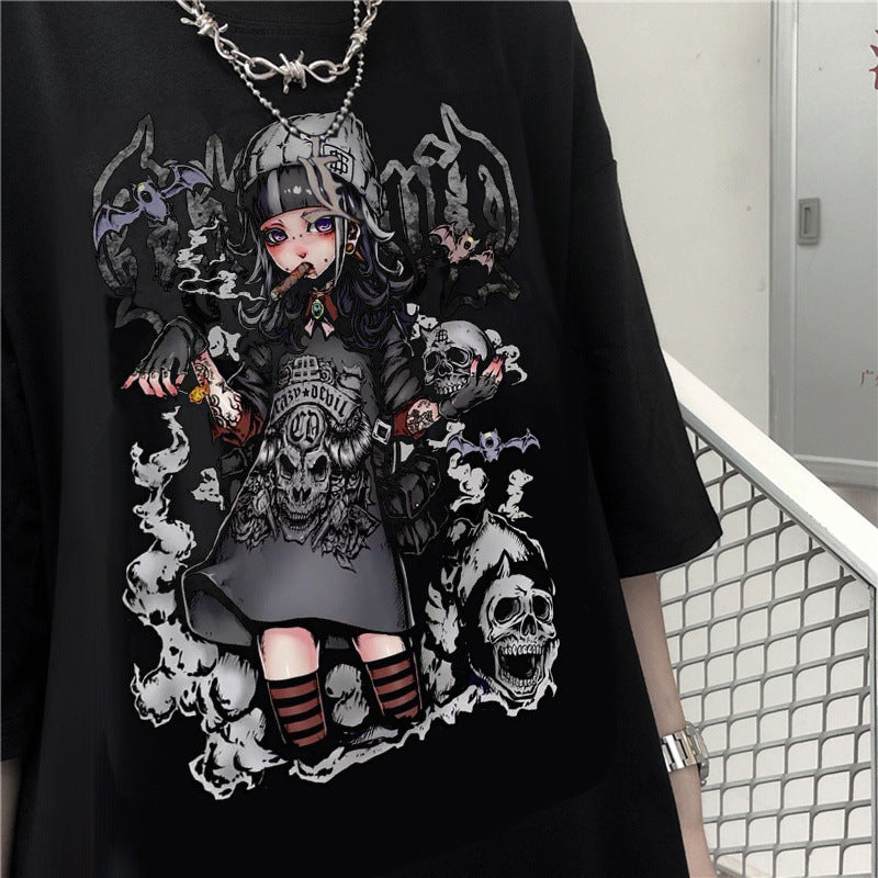 Vintage Gothic Girly Print Loose Cropped T-Shirt