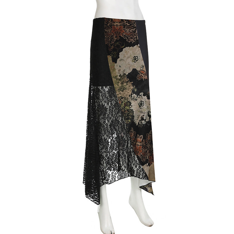 Retro Ethnic Style Personalized Printing Stitching Asymmetric Skirt