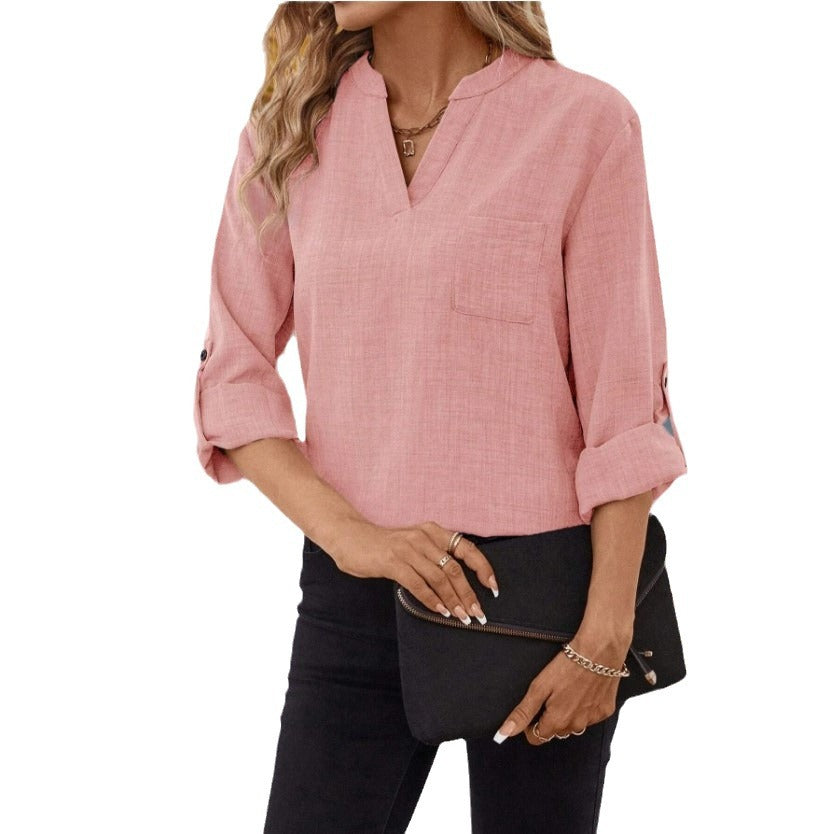 European And American Elegant Fashion Casual Solid Color Cotton Linen Long Sleeve V-neck Top