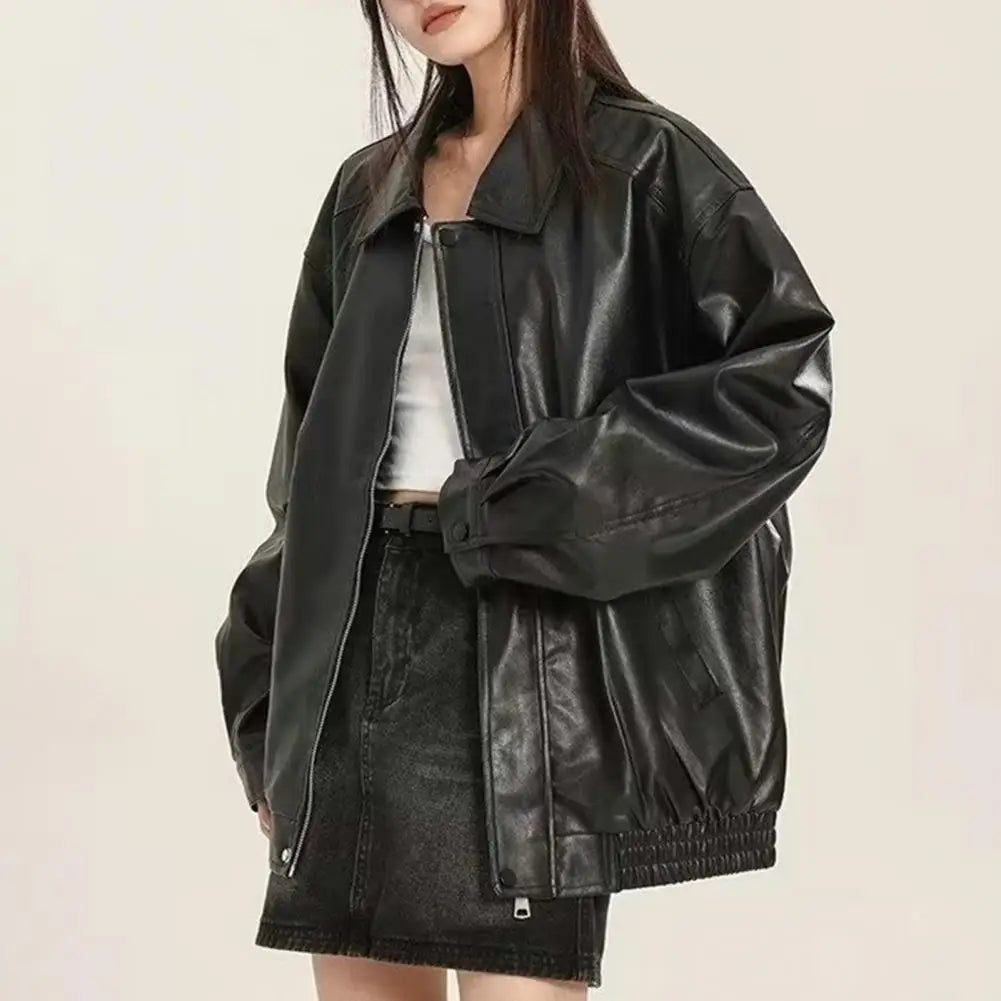Women Jacket with Pocket Women Faux Leather Jacket Vintage American Style Women'S Faux Leather Jacket Loose Fit Zipper Pocket