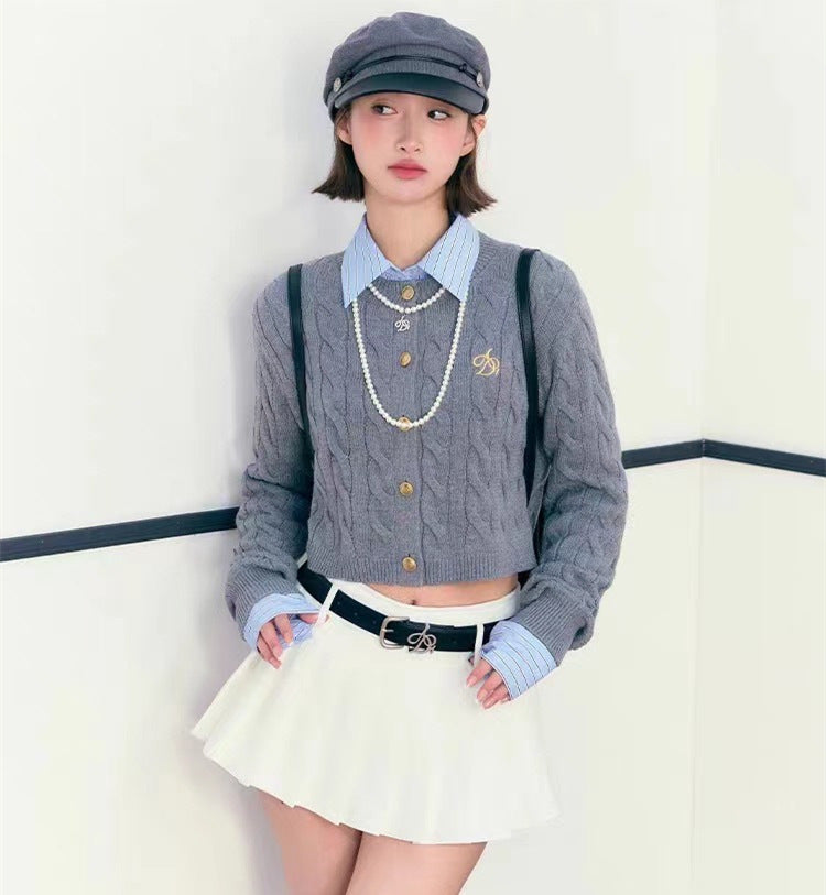 Short Knitted Women's Embroidery Preppy Style Cardigan Top
