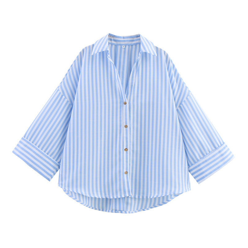 Casual All-matching Lapel Striped Wide Sleeve Shirt