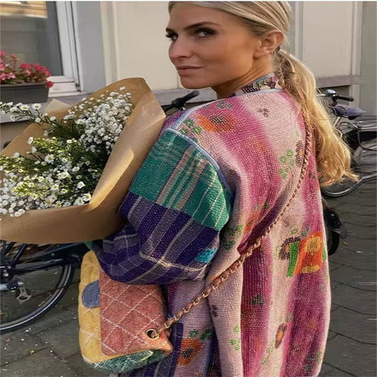 Mid-length Multicolor Printing Cotton Coat Jacket Women