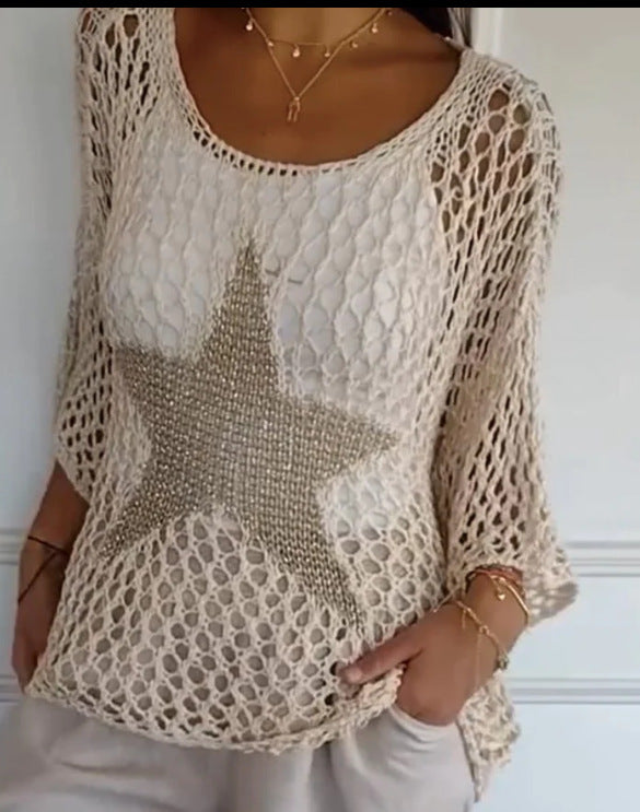 Five-Star Round Neck Sweater Women's Three-quarter Sleeve Top