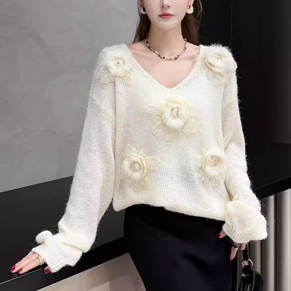 Gentle Style 3D Floral V-neck Sweet Age-reducing Sweater